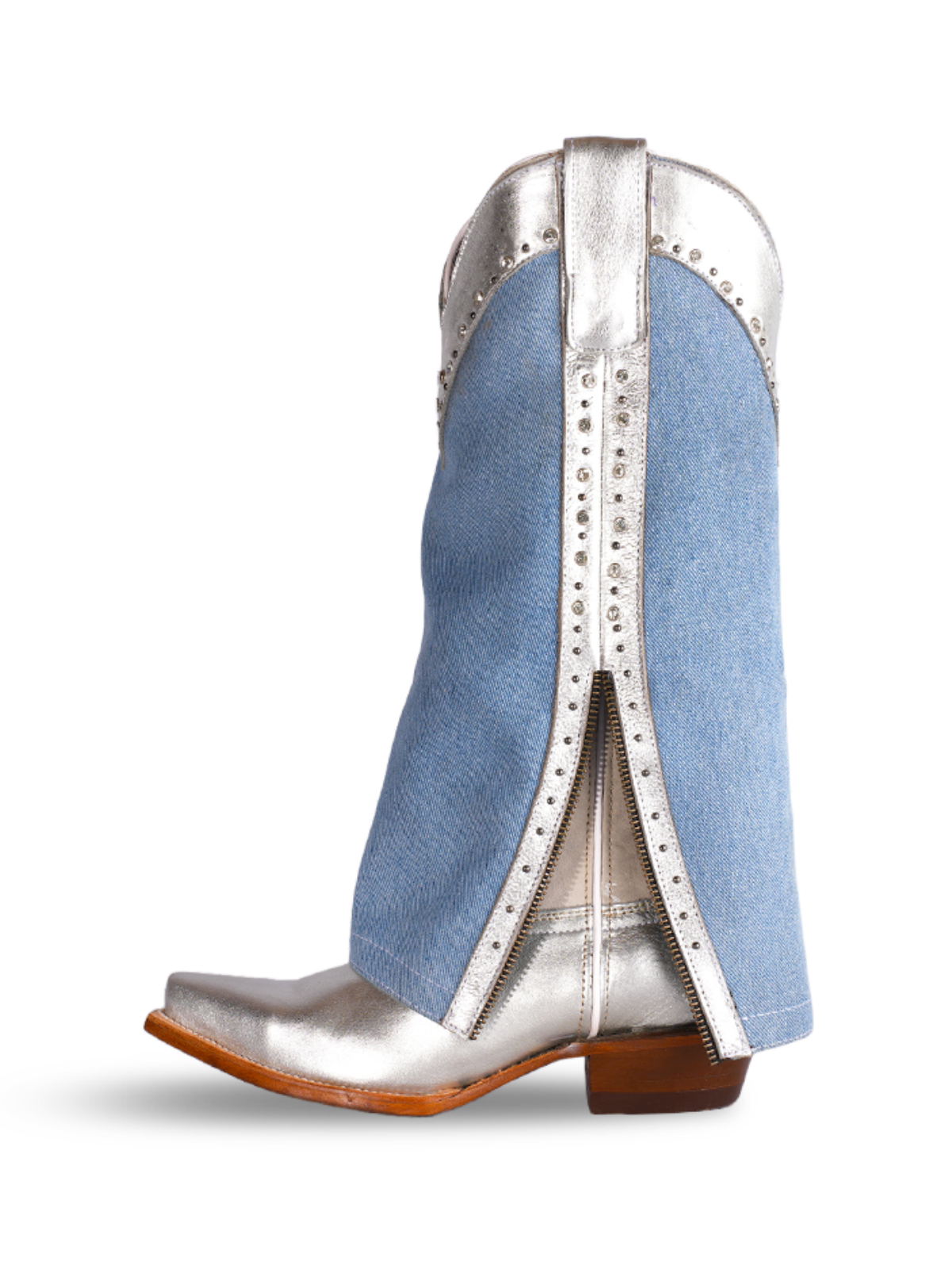 Metallic Silver Fold-Over Blue Denim Rhinestone Studded Half-Zip Mid Calf Tall Cowgirl Boots