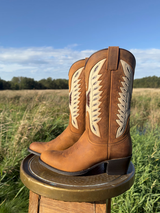 Brown Round-Toe Eagle Inlay Wide Mid Calf Cowgirl Boots