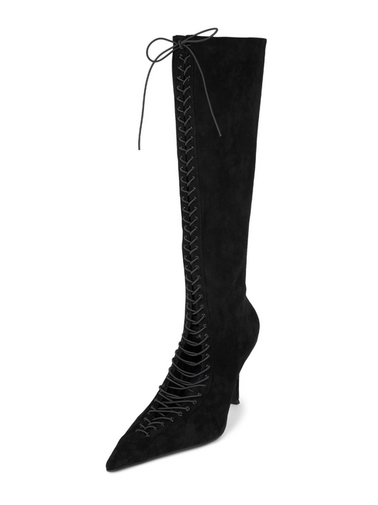 Black Faux Suede Full-Zip Pointed-Toe Mid Calf Stiletto Boots With Lace-Up