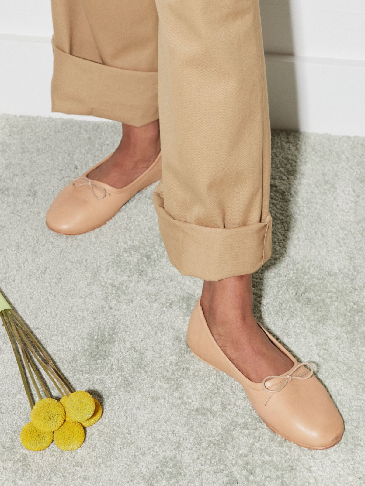 Bow Round-Toe Ballerina Flats In Sandy Brown Vegan Leather