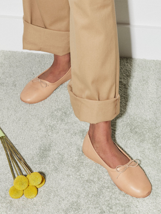 Bow Round-Toe Ballerina Flats In Sandy Brown Vegan Leather