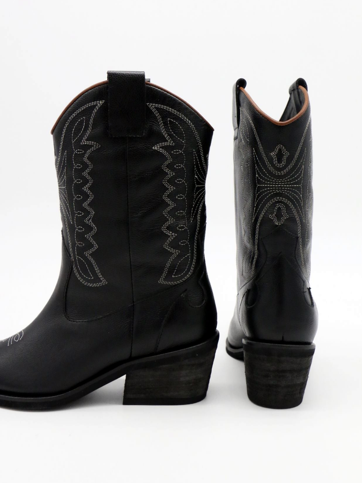 Black Snip-Toe Wings Embroidery Wide Mid Calf Cowgirl Boots