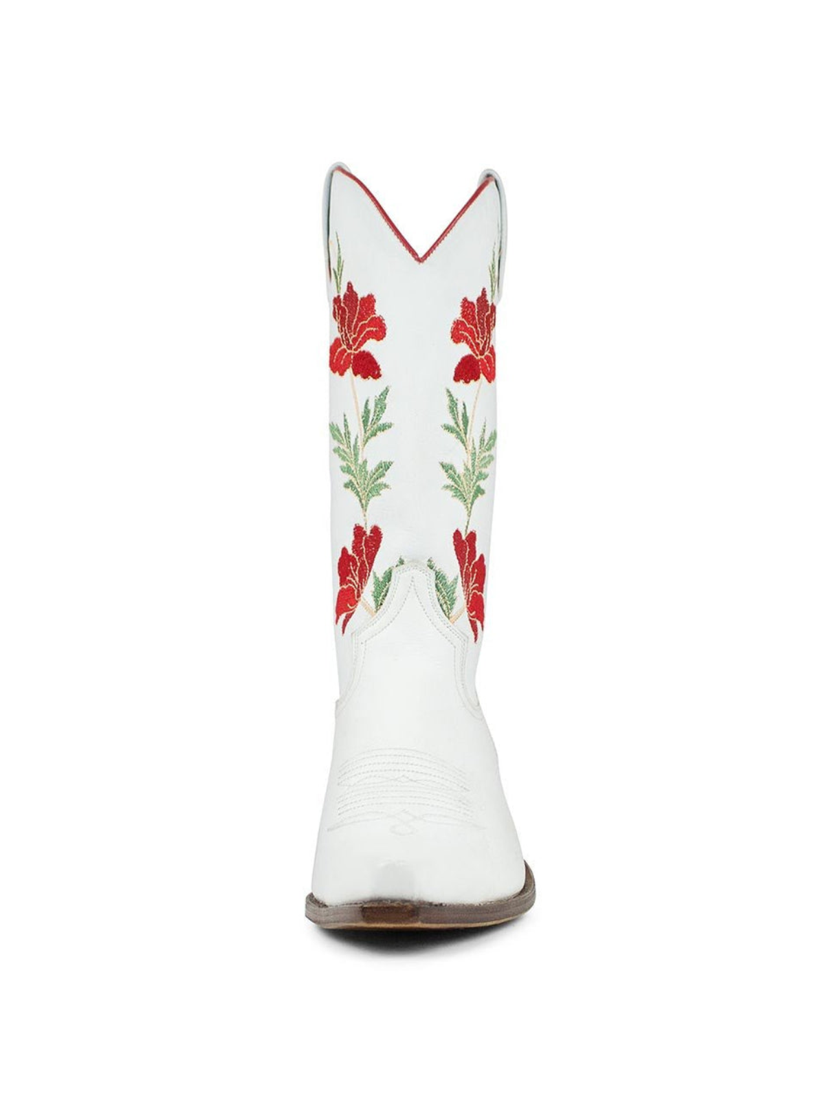 White Snip-Toe Red Flower Embroidery Wide Mid Calf Cowgirl Tall Boots