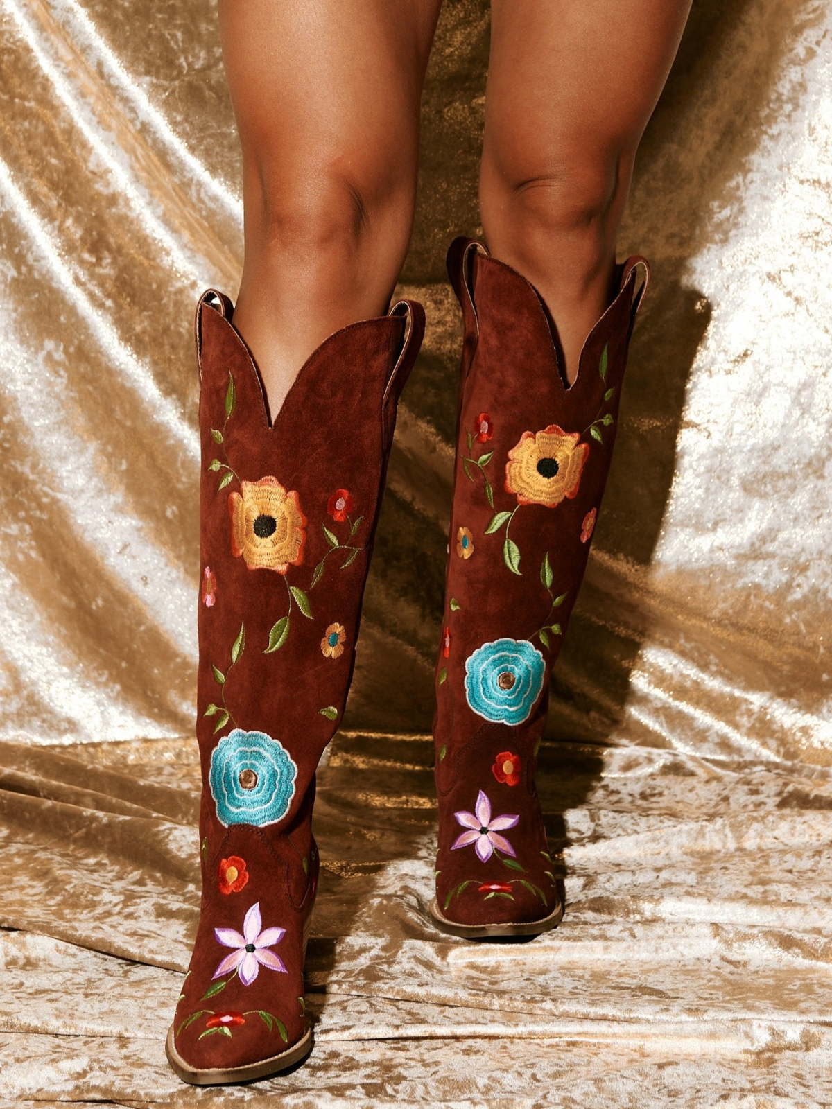 Colorful Floral Embroidery Faux Suede Snip-Toe Wide Mid Calf Cowgirl Boots - Burgundy