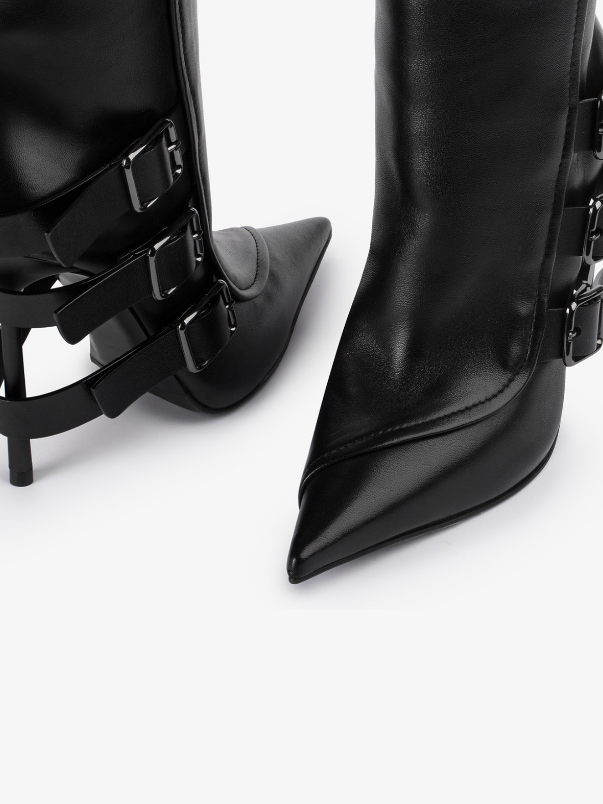 Black Pointed-Toe Wide Mid Calf Stiletto Boots With Buckles