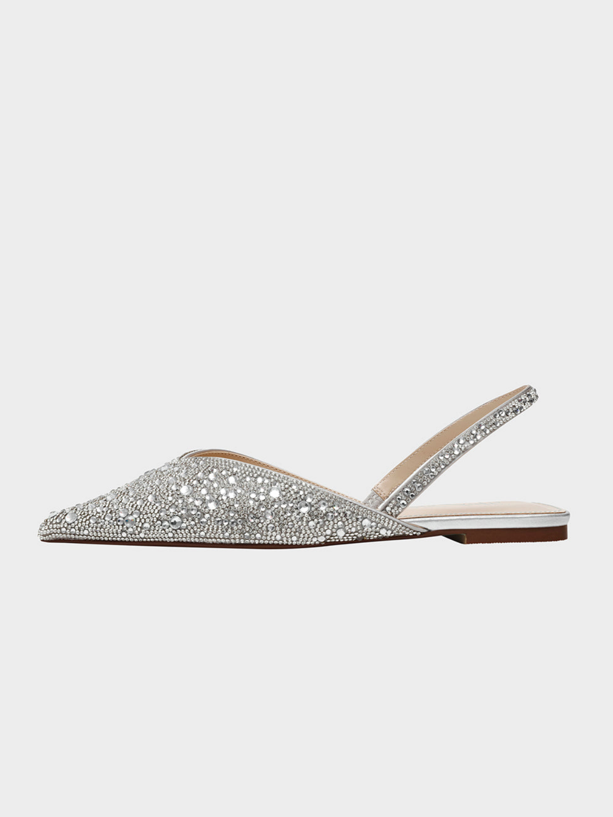 Metallic Silver Pointed-Toe Rhinestone Slingback Ballet Flats