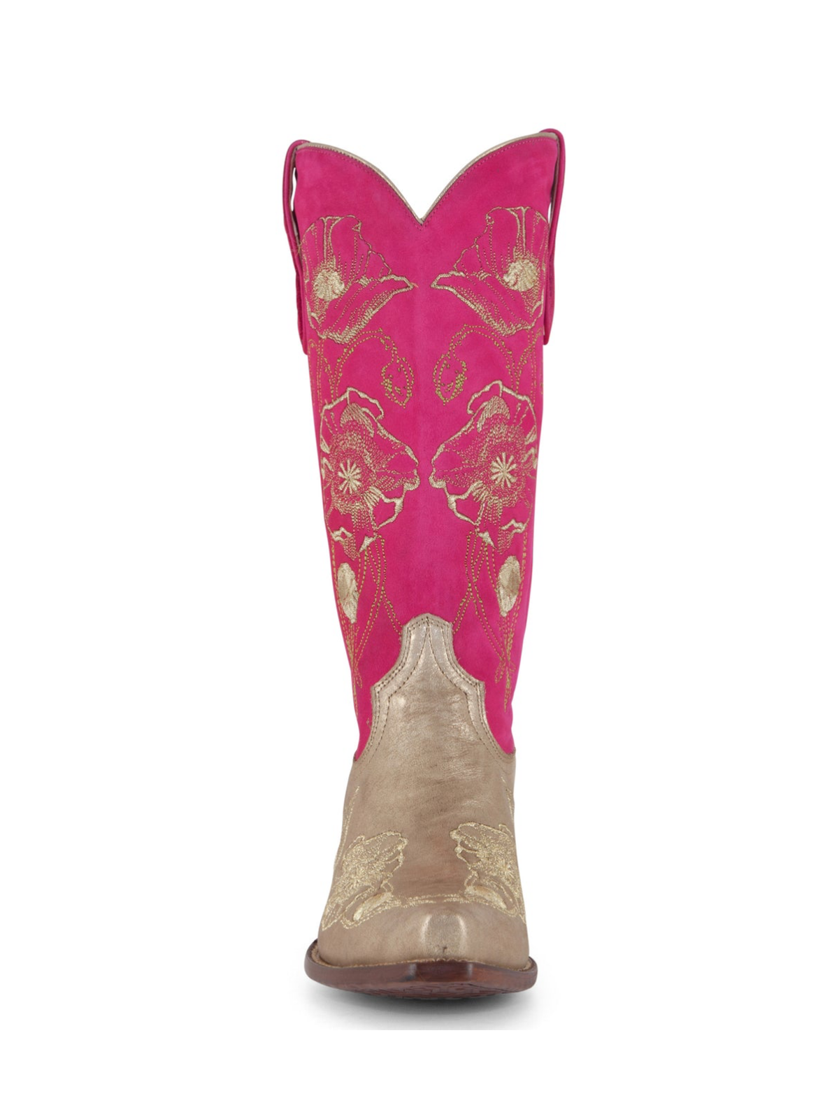 Contrast Pink And Metallic Rose Gold Snip-Toe Floral Embroidery Wide Mid Calf Cowgirl Boots