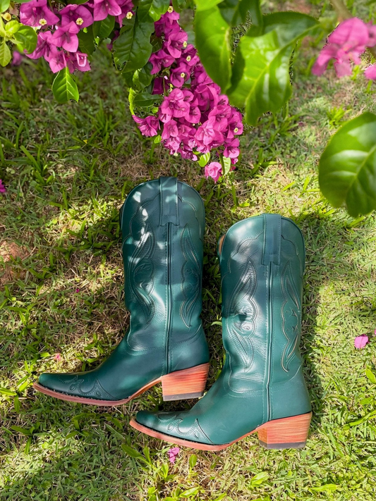 Dark Green Wing Applique Snip-Toe Wide Mid Calf Cowgirl Tall Boots