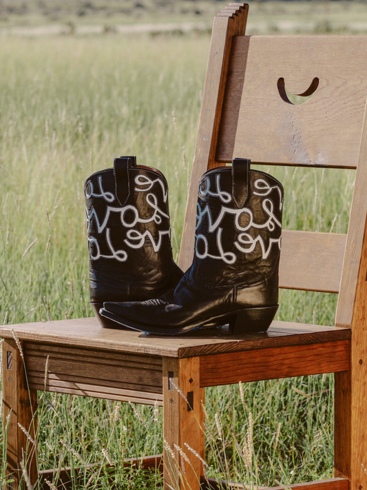 Black Snip-Toe Wide Mid Calf Cowgirl Boots With White LOVE Inlay