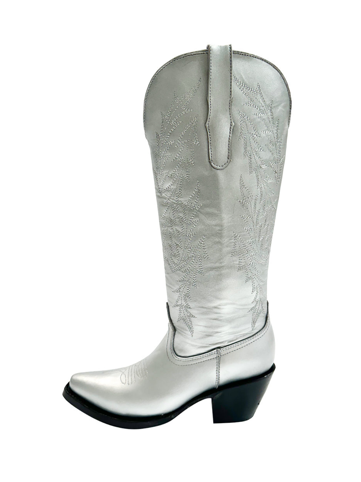 Metallic Snip-Toe Leaf Embroidery Half-Zip Mid Calf Tall Cowgirl Boots - Silver