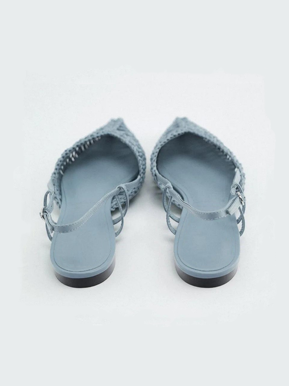 Pewter Blue Woven Pointy Slingback Ballerinas Flats With Buckled Strap