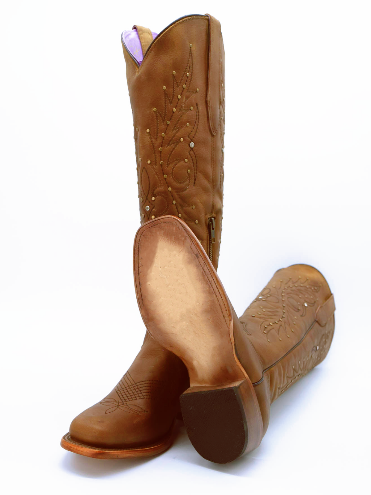 Studded Rhinestone Square-Toe Embroidery Half-Zip Tall Knee High Cowgirl Boots - Brown