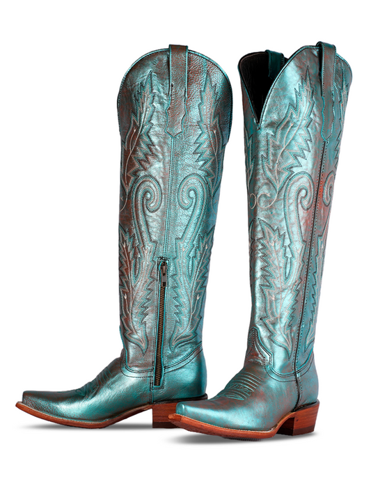 Metallic Turquoise Snip-Toe Leaf Embroidery Half-Zip Over-The-Knee Cowgirl Boots