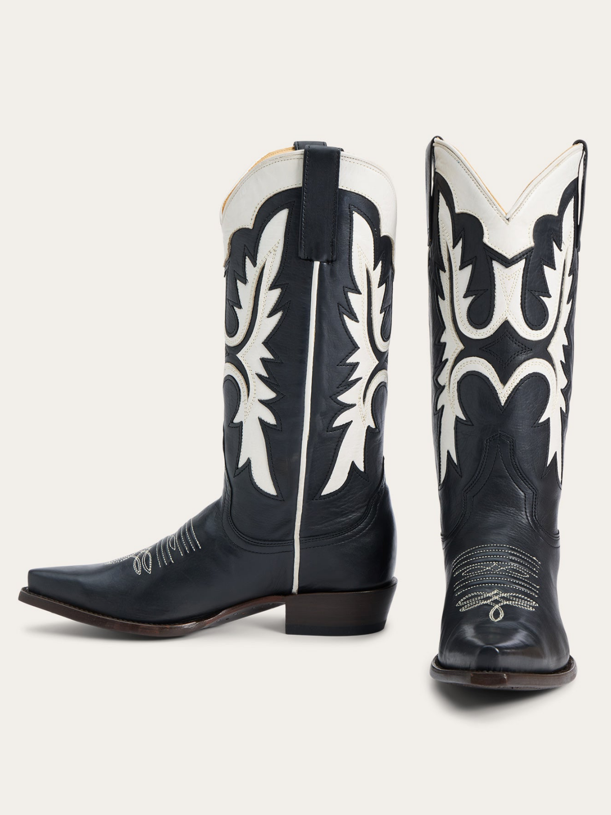 Black Snip-Toe White Inlay Wide Mid Calf Cowgirl Boots