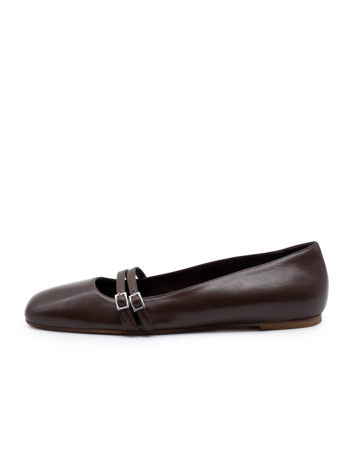 Chocolate Square Toe Ballet Flats With Double Buckled Strap