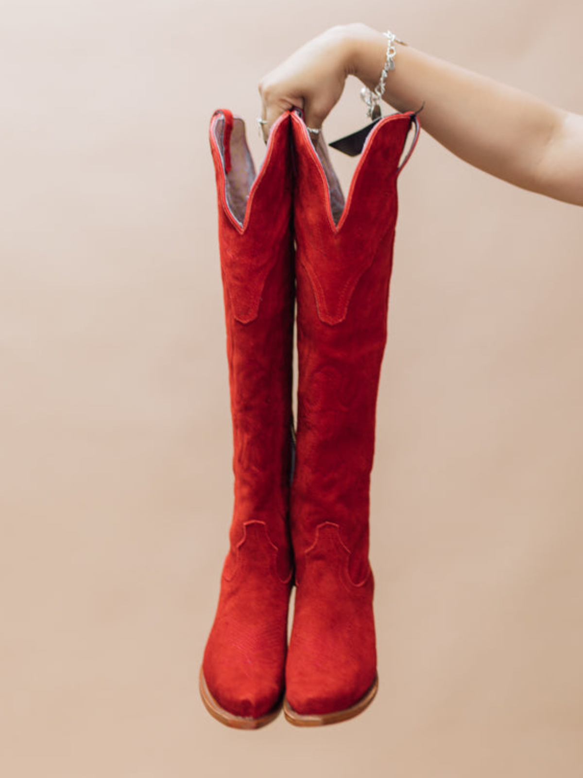 Eagle Embroidery Snip-Toe Half-Zip Over-The-Knee Tall Cowgirl Boots - Red Faux Suede