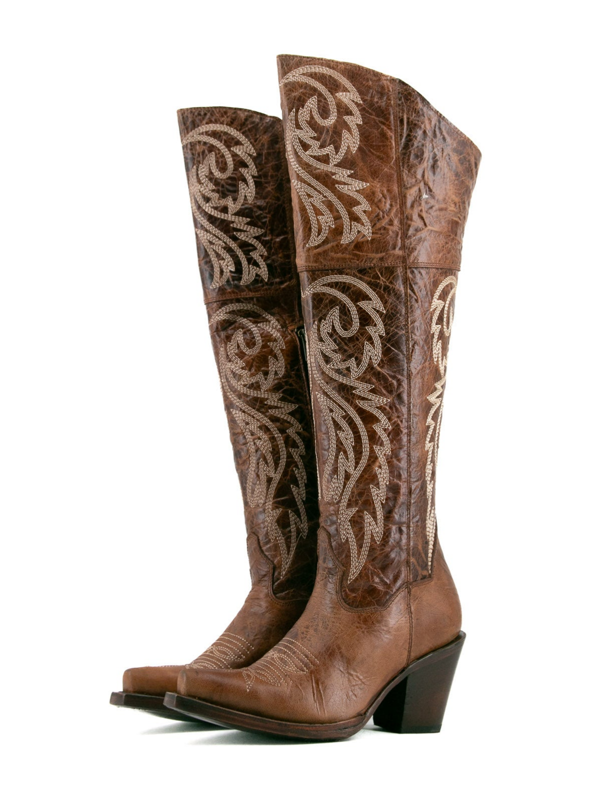 Distressed Snip-Toe Embroidery Tall Half-Zip Knee High Cowgirl Boots - Camel