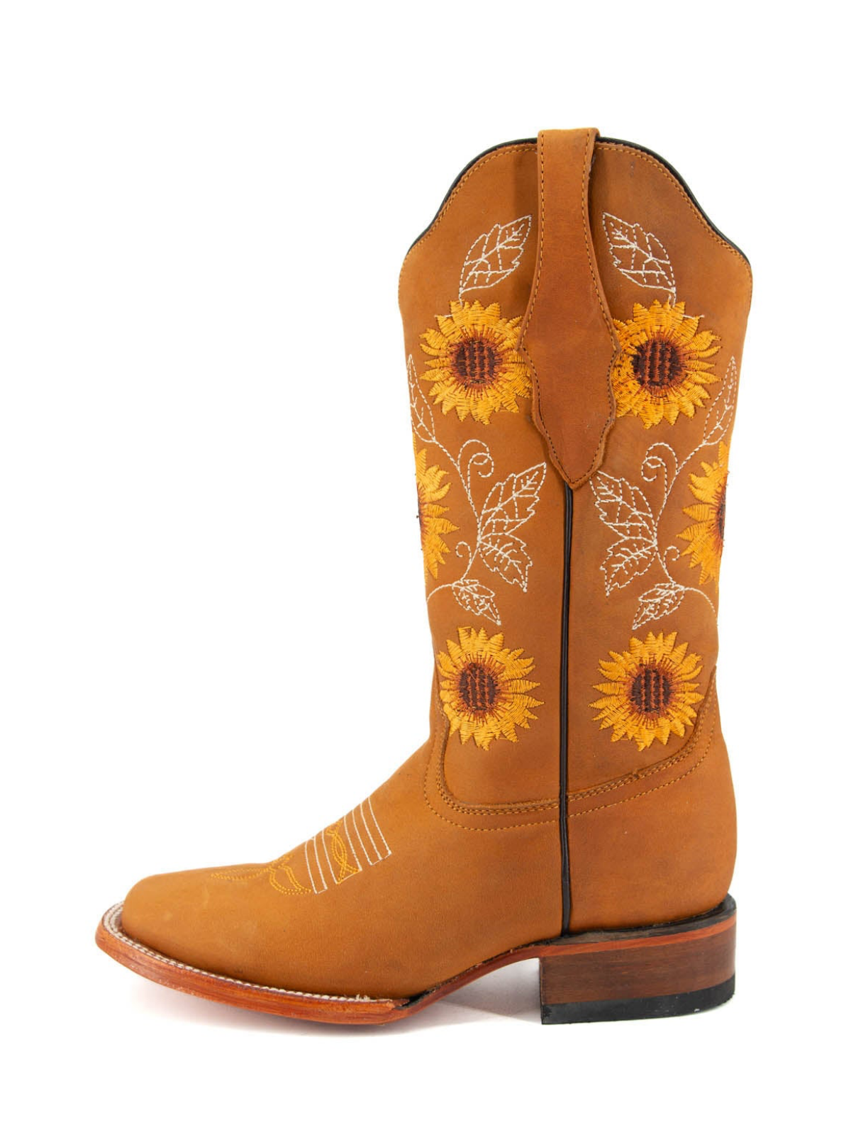 Honey Square-Toe Sunflower Embroidery Wide Mid Calf Cowgirl Boots