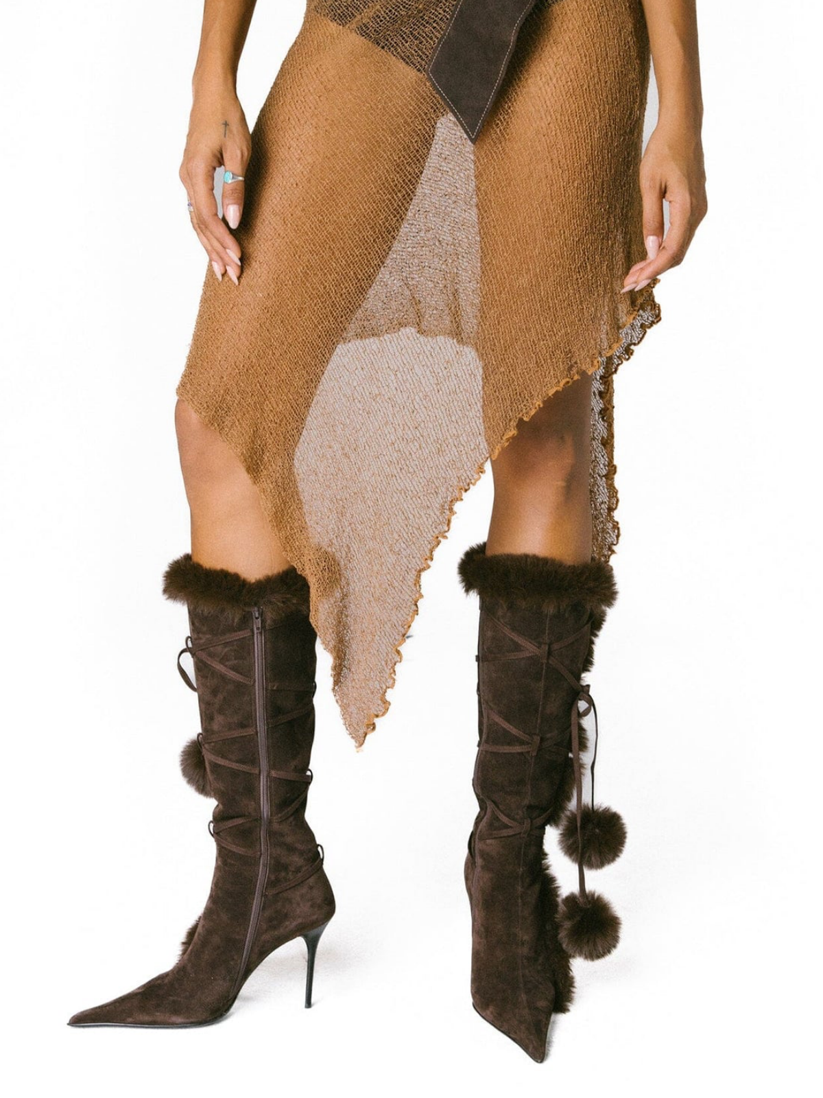 Brown Faux Suede Pointed-Toe Full-Zip Mid Calf Stiletto Boots With Wrap-Around And Plush