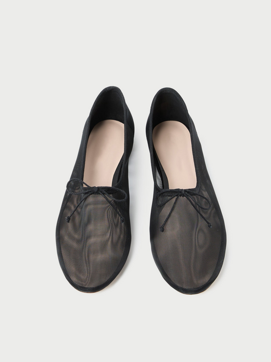 Black Mesh Super Cute Bow Ballet Flats With Almond Toe