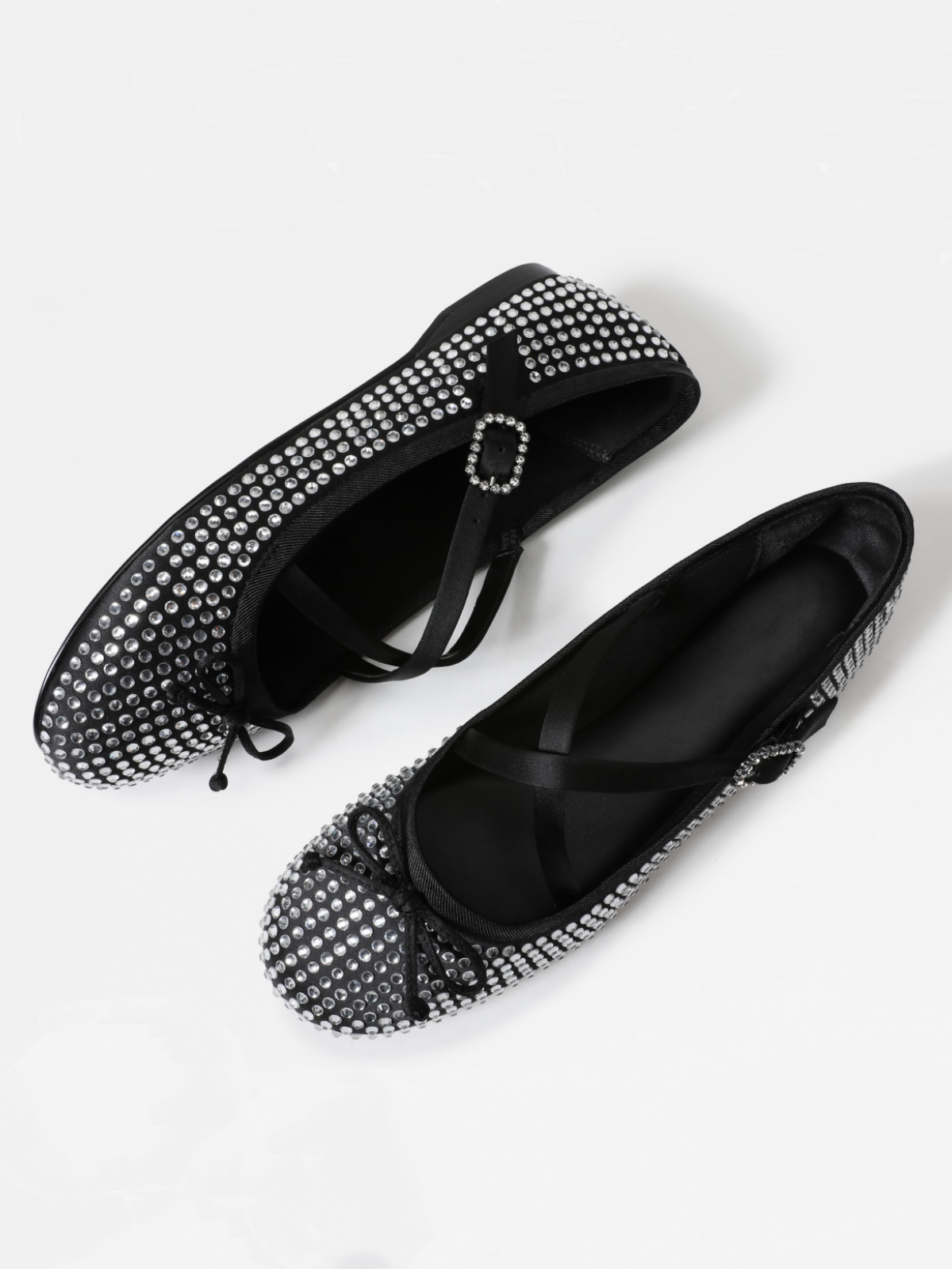 Black Sparkle Rhinestone Bow Strass Satin Ballerina Flats With Crossed Buckled Strap