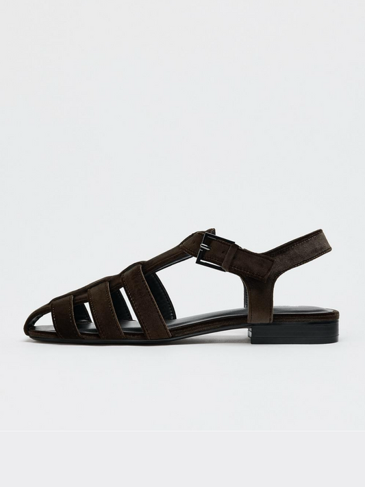 Brown Velvet Square-Toe Front And Ankle Straps Fisherman Sandals