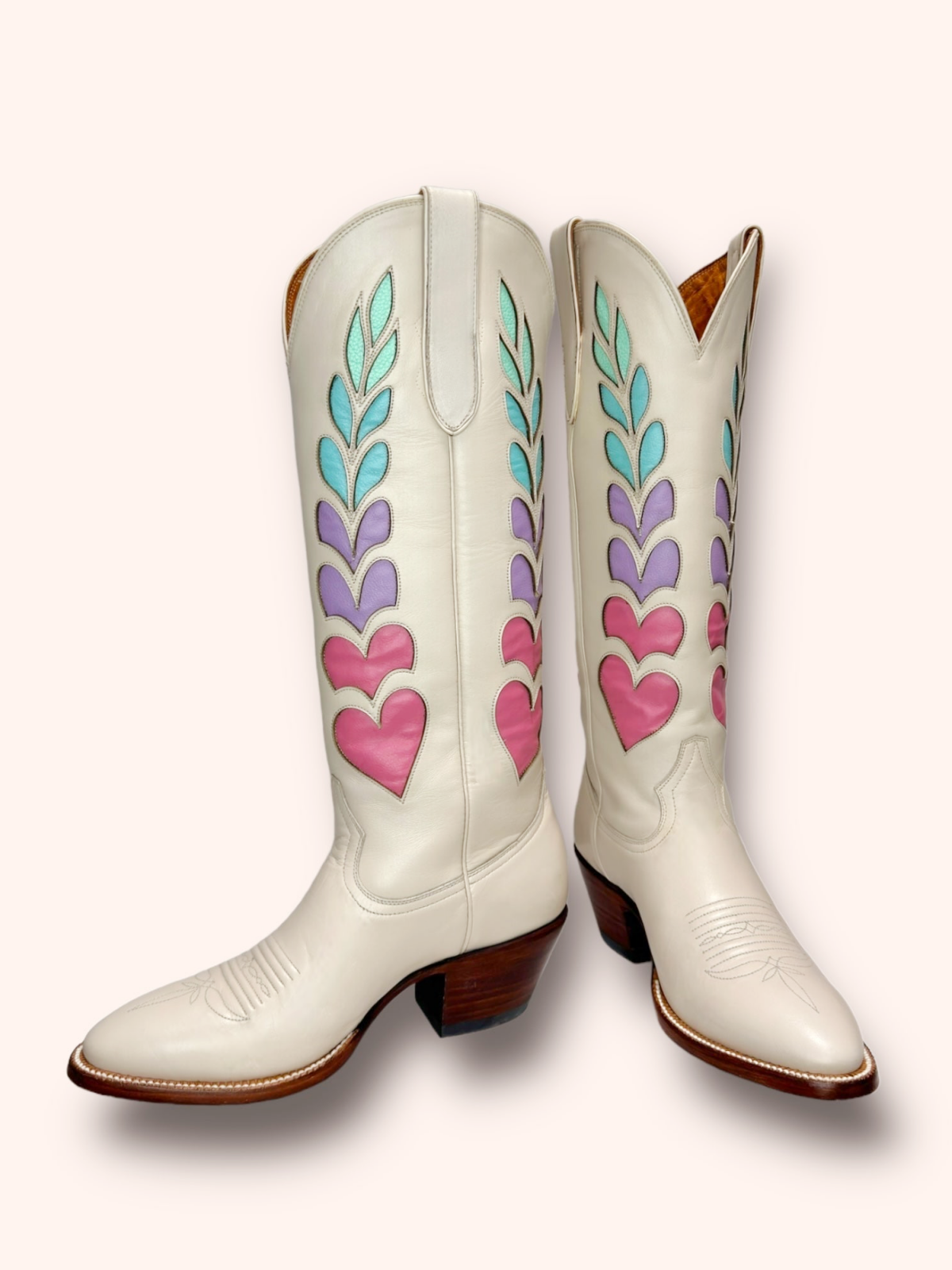 Heart Inaly Almond-Toe Wide Mid Calf Tall Cowgirl Boots - Ivory