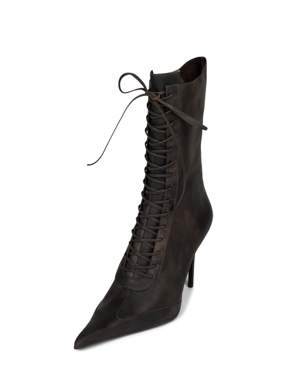 Brown Pointed-Toe Full-Zip Lace-Up Mid Calf Stiletto Boots