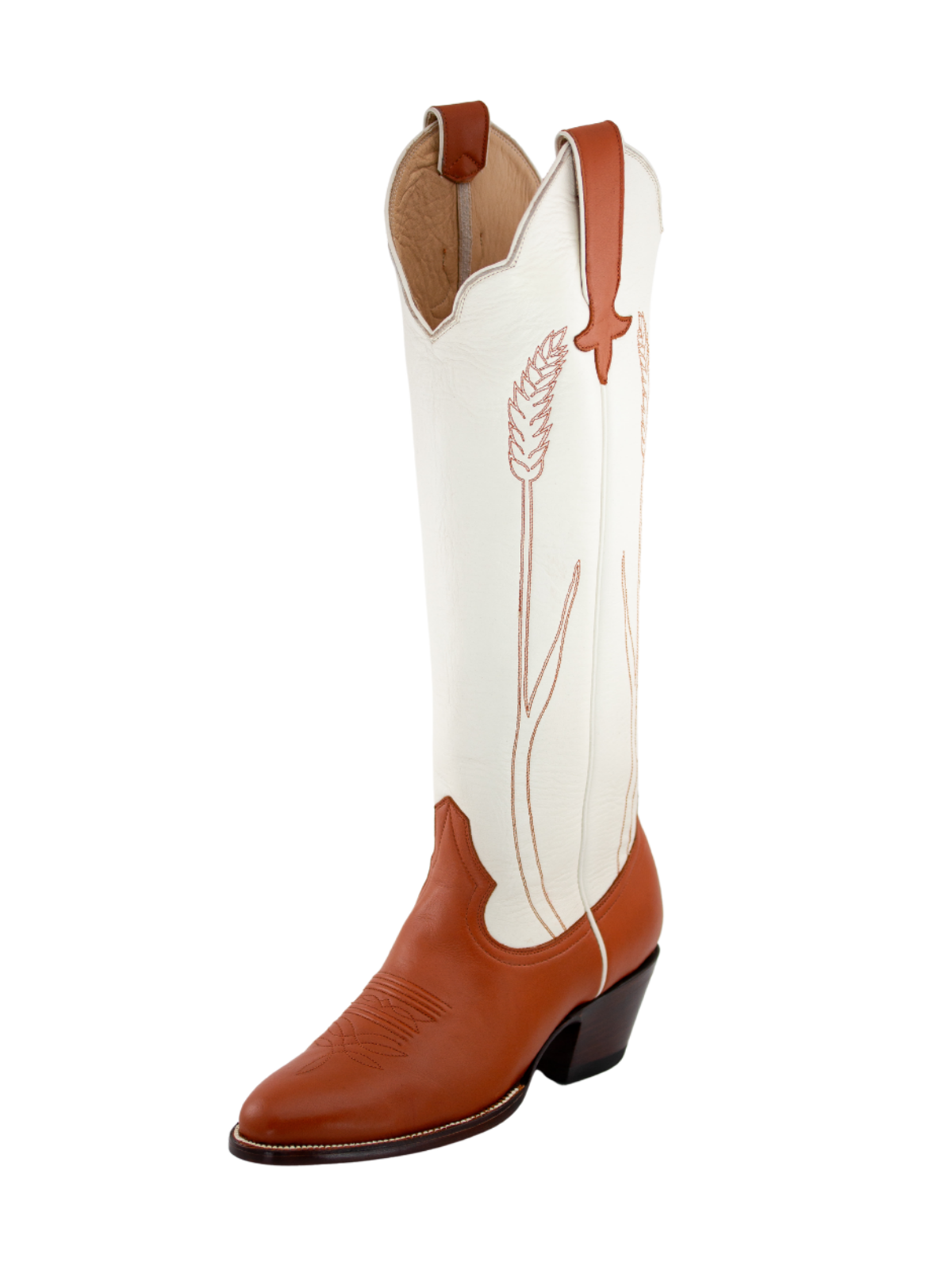 Contrast Ivory And Chestnut Almond-Toe Ear-Of-Rice Embroidery Wide Calf Knee High Cowgirl Boots