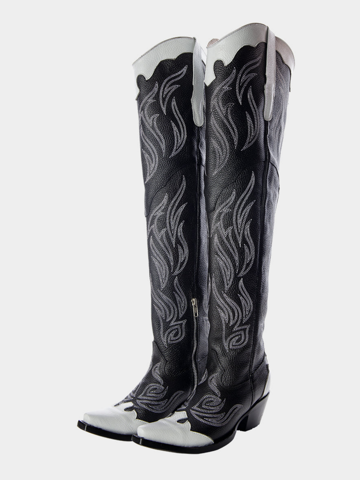 Contrast Black And White Snip-Toe Embroidery Wide Calf Over-The-Knee Western Boots