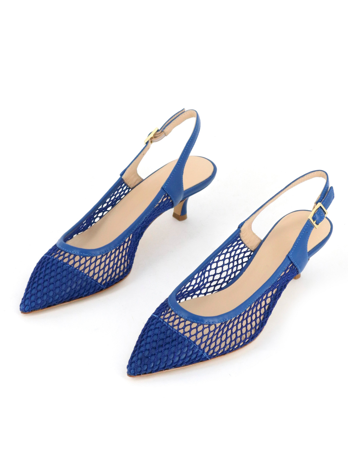 Cerulean Blue Pointy Kitten Heels Slingback Pumps in Fishnet & Vegan Leather