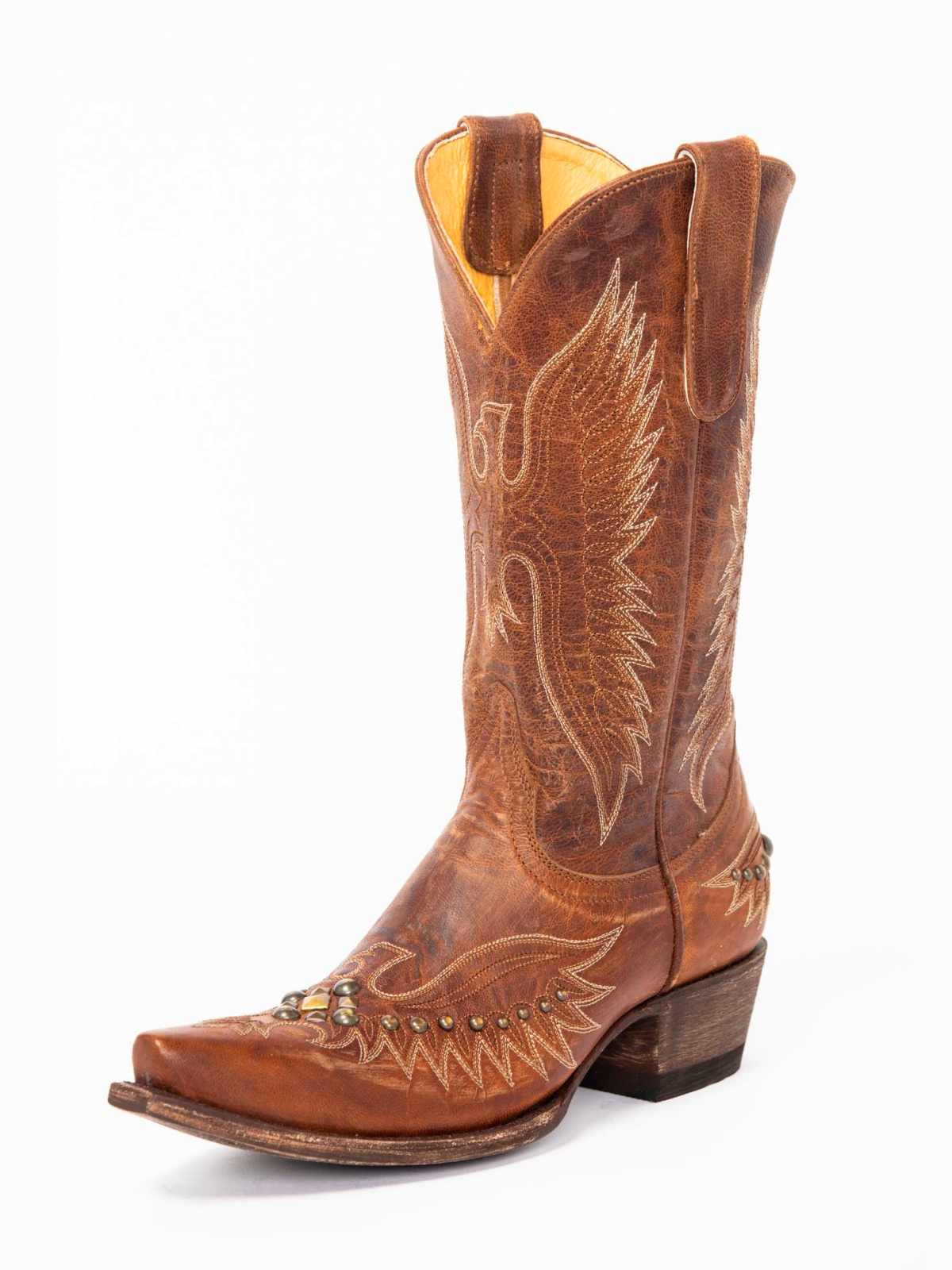 Distressed Brown Snip-Toe Studded Eagle Embroidery Wide Mid Calf Tall Cowgirl Boots