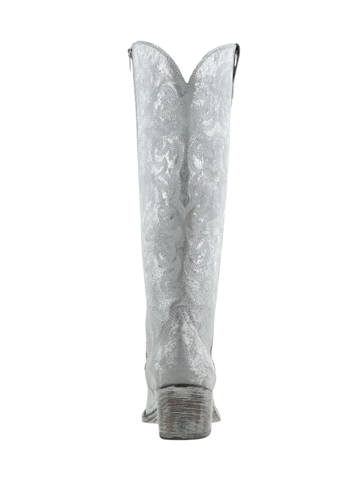 Distressed Metallic Round Pointed-Toe Embroidery Full-Zip Tall Knee High Cowgirl Boots - Silver