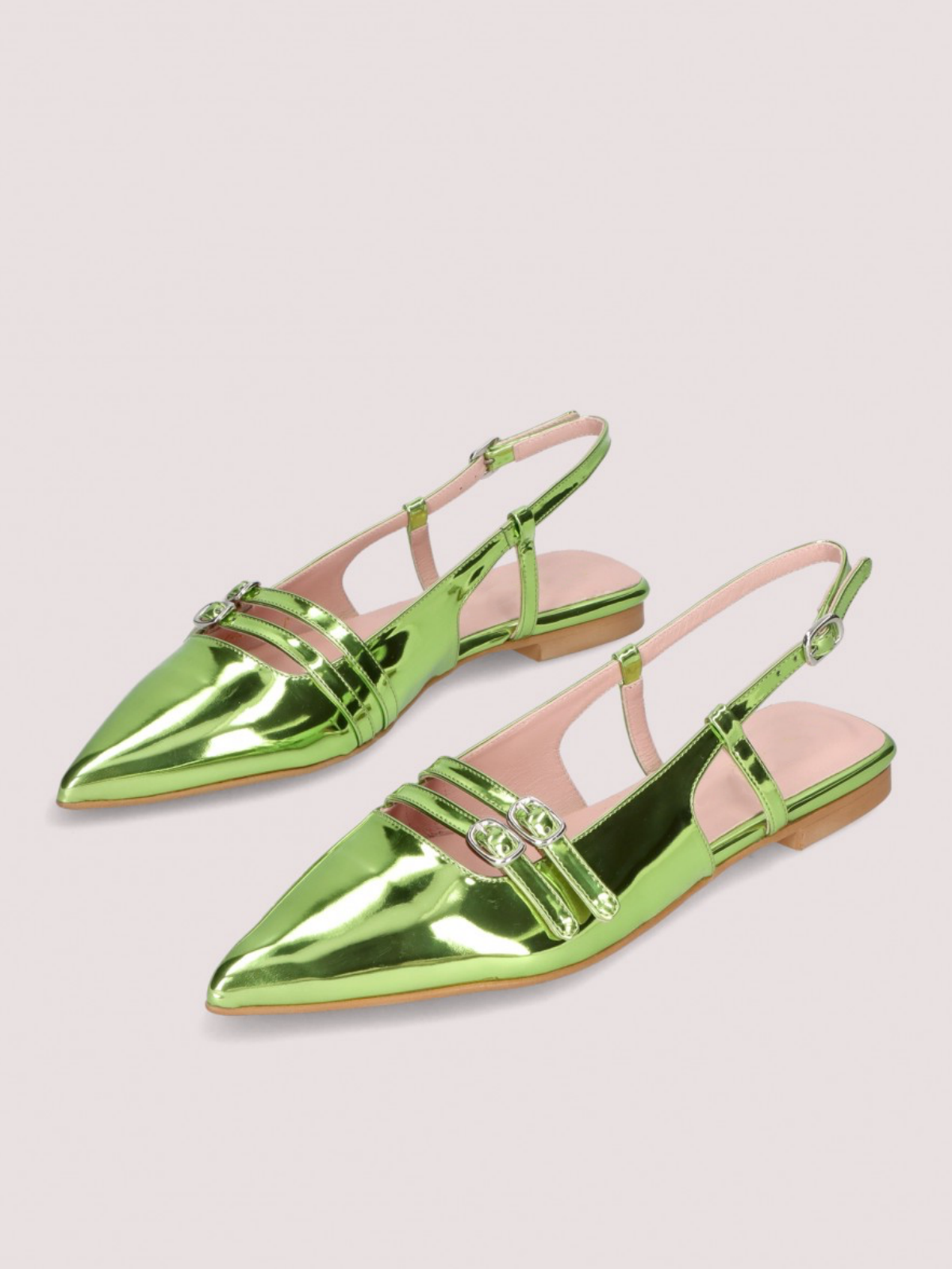 Metallic Lime Green Pointy Buckled Strappy Slingback Ballet Flats