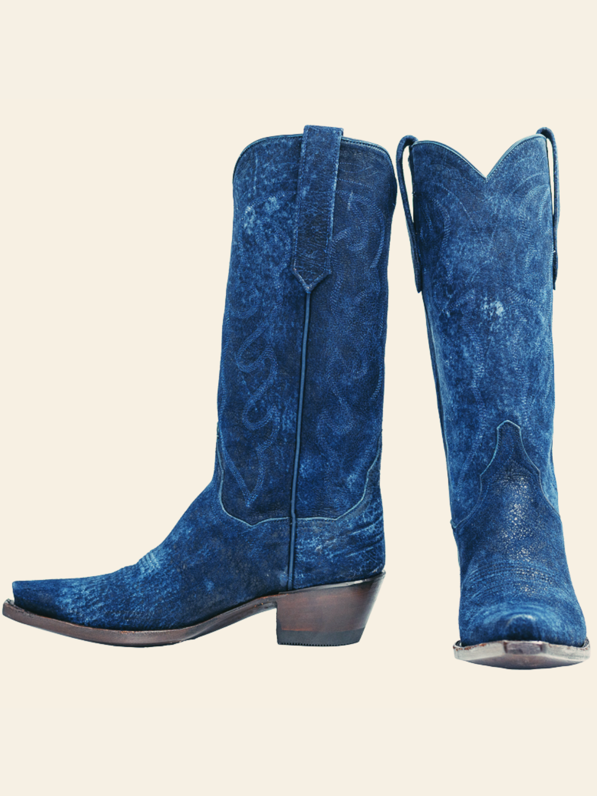 Navy Blue Faux Suede Snip-Toe Embroidery Wide Mid Calf Tall Cowgirl Boots