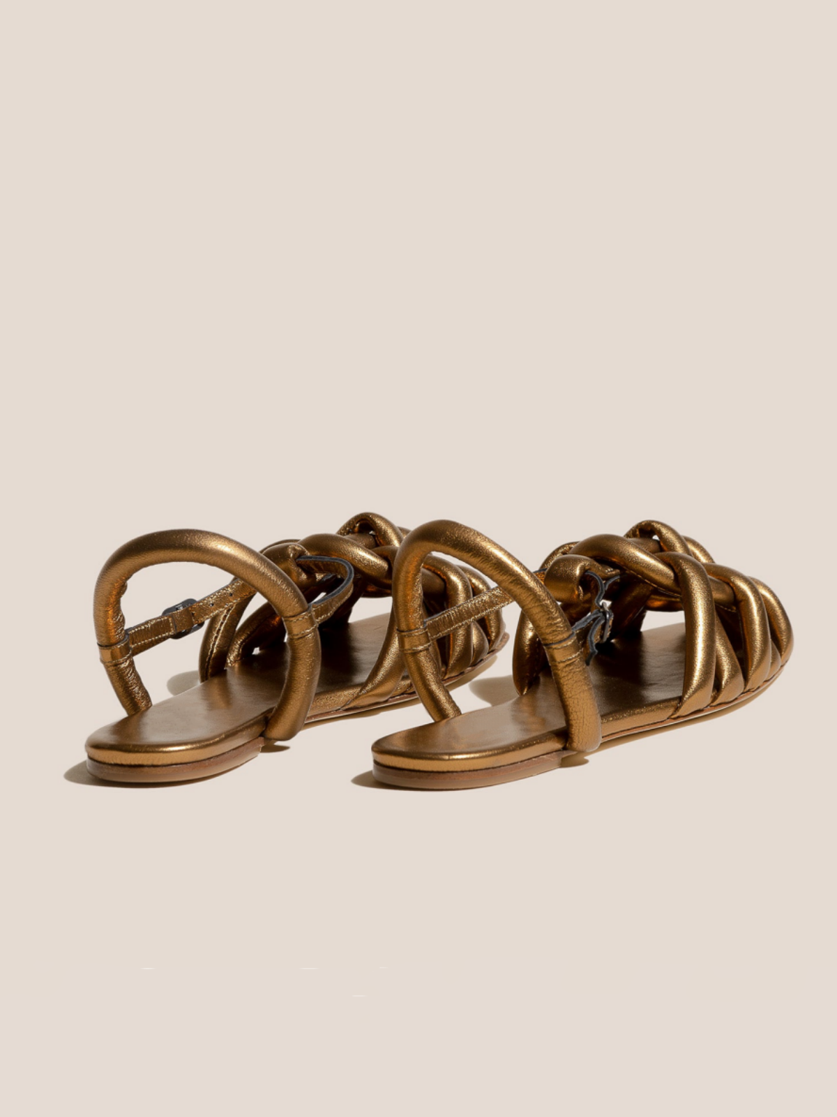 Metallic Gold Padded Strap Interwined Square-Toe Flats Sandals With Ankle T-Strap