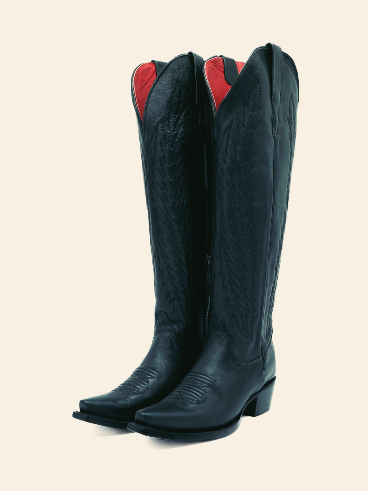 Black Embroidery Snip-Toe Half Zip Mid Calf Western Boots Cowgirl Tall Boots