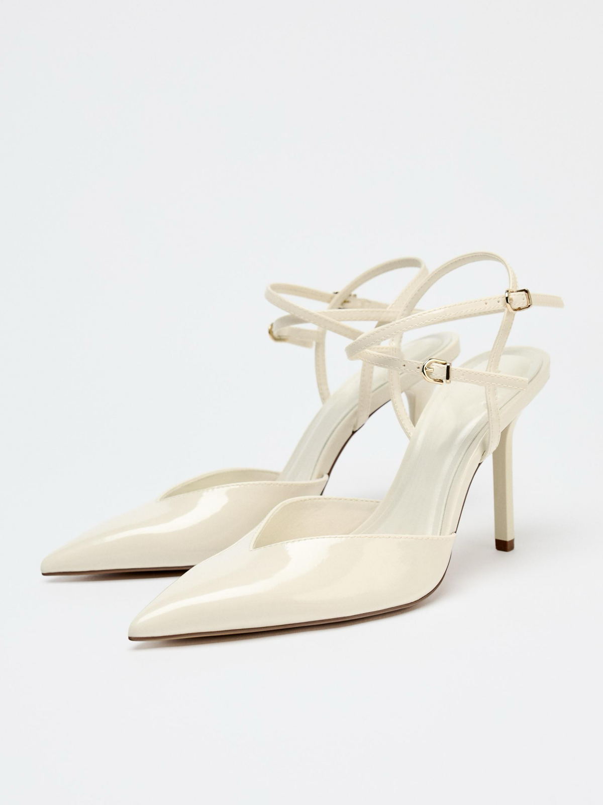 White Patent Pointed-Toe Double Buckle Ankle Strap Slingback Pump High Heels