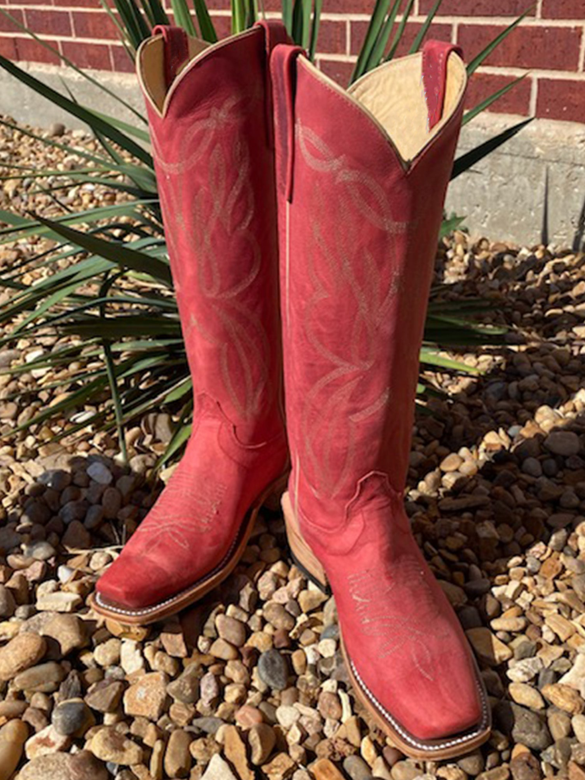 Cherry Red Square-Toe Embroidery Wide Mid Calf Tall Cowboy Boots For Women