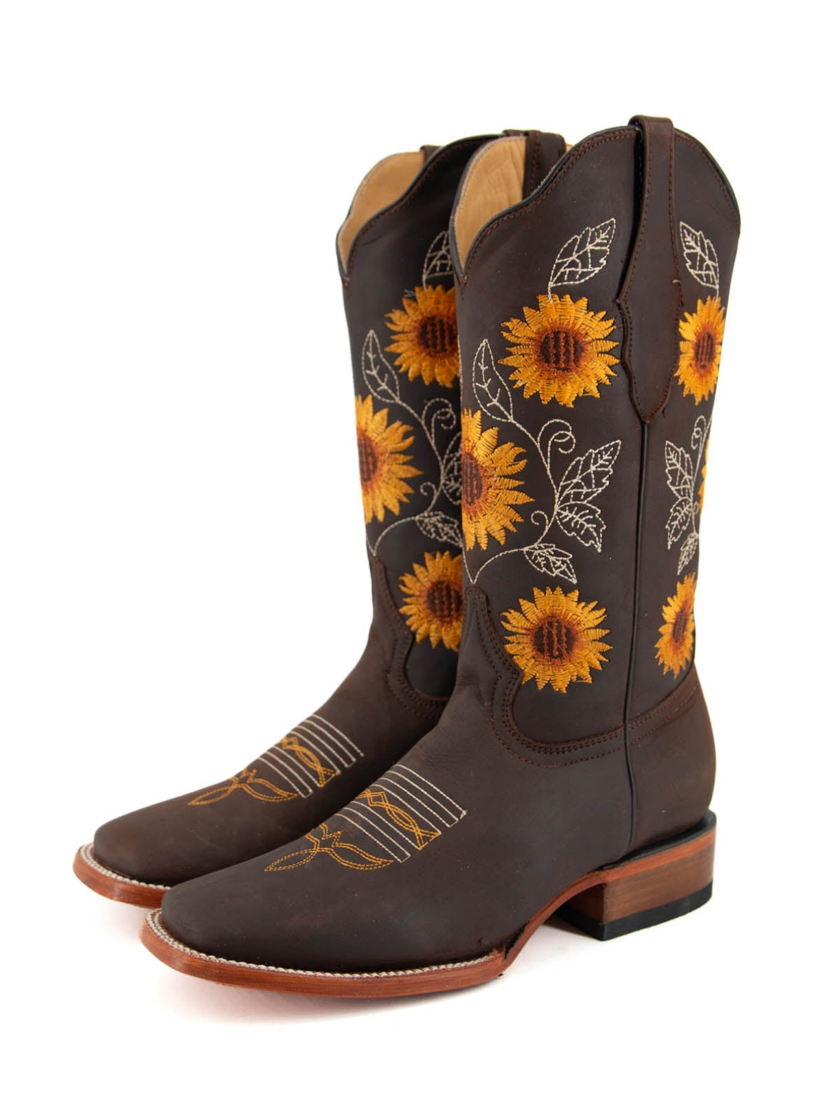 Cafe Square-Toe Sunflower Embroidery Wide Mid Calf Cowgirl Boots