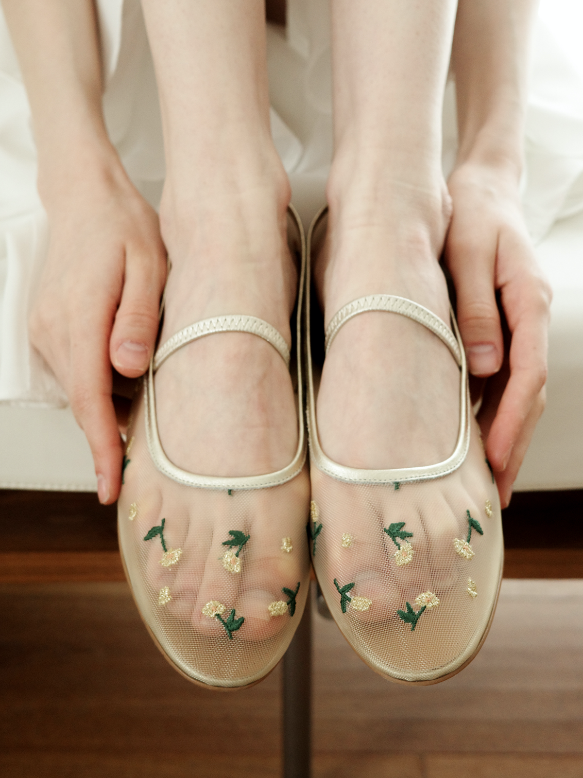 Metallic Light Gold Mesh Flats Mary Janes With Yellow Floral Embroidery