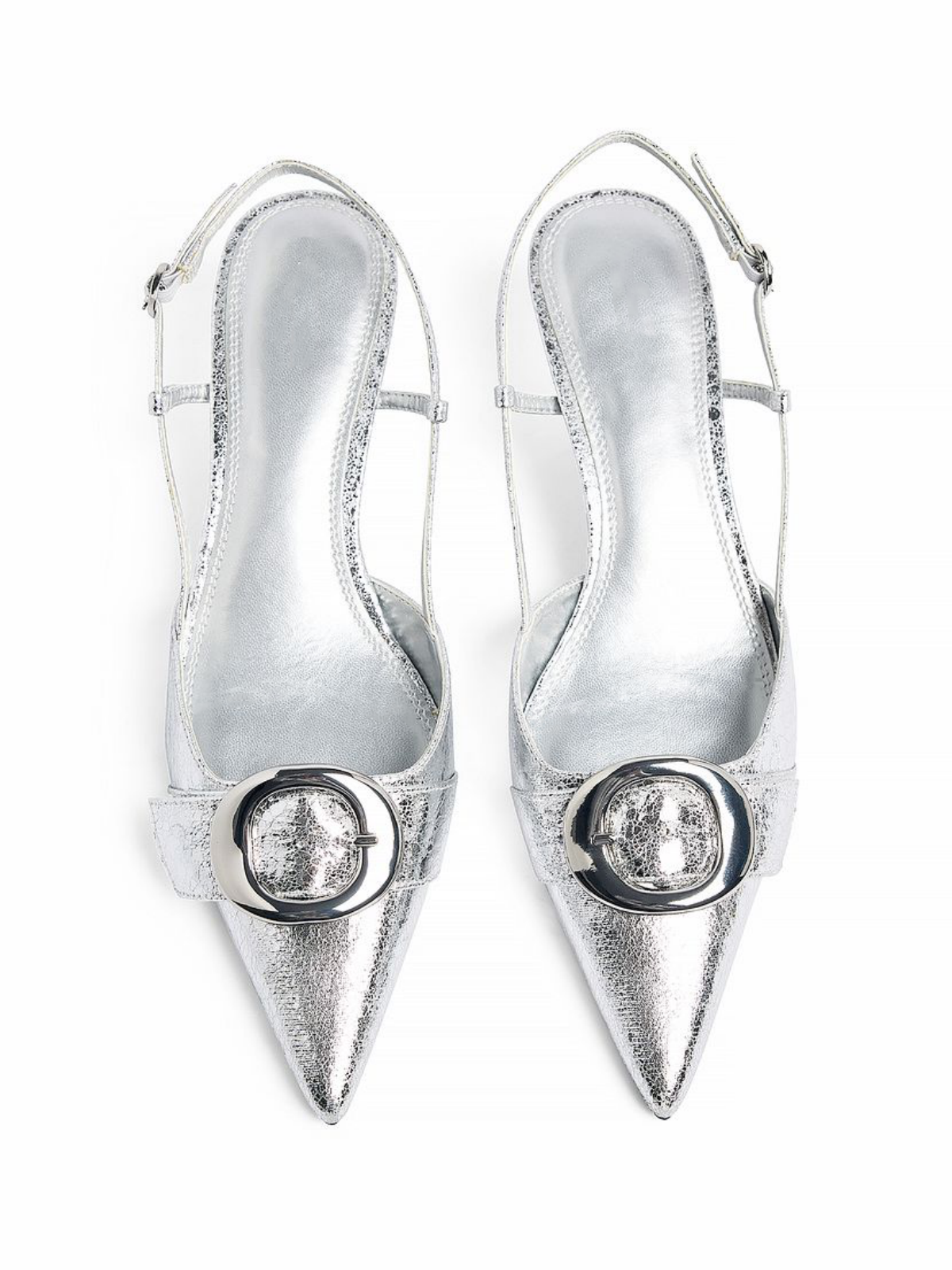 Metallic Silver Pointed-Toe Slingback Pump Kitten Heels With Circular Buckle