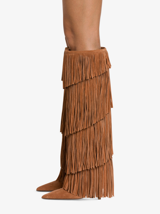 Terracotta Faux Suede Pointed-Toe Multi-Layered Fringe Knee High Stiletto Boots