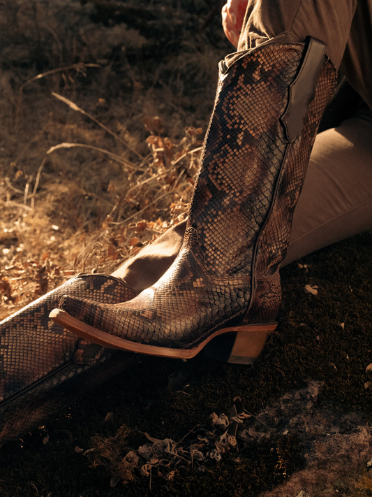 Brown Snakeskin Vegan Leather Snip-Toe Wide Mid Calf Cowgirl Boots