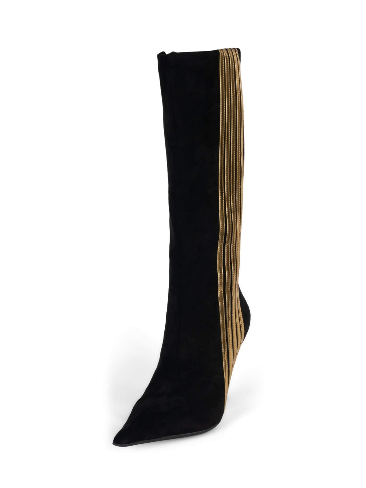 Black Pointed-Toe Mid Calf Full-Zip Stiletto Boots With Metallic Contrasting Stripe