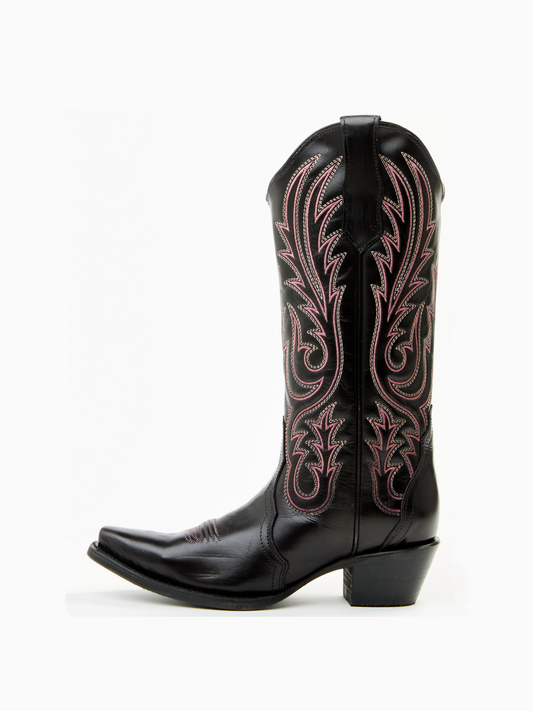 Black Embroidery Snip-Toe Wide Mid Calf Western Tall Boots