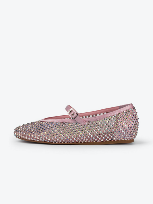 Pink Satin Iridescent Rhinestone Fishnet Round-Toe Ballet Flats Mary Janes