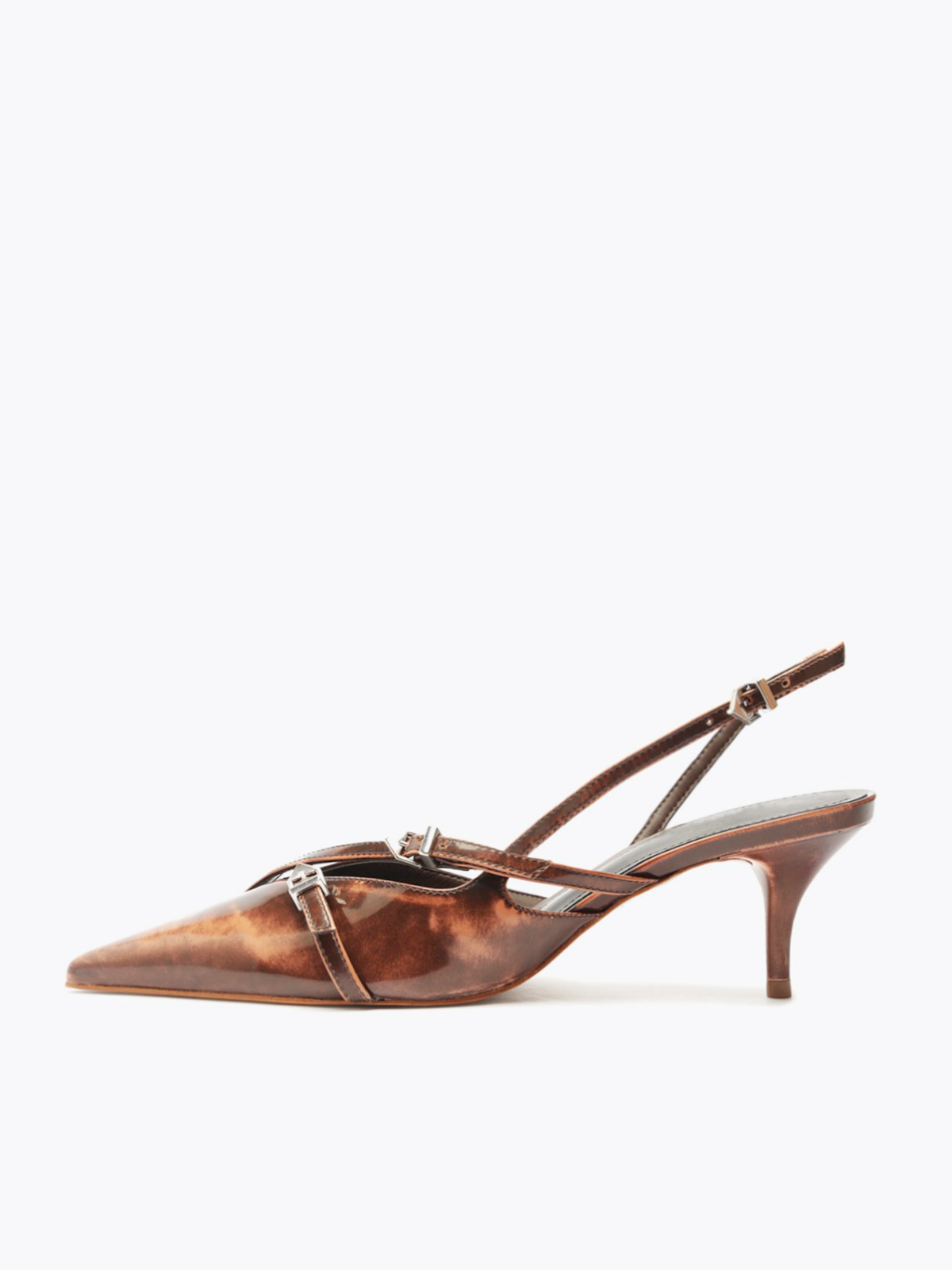 Brown Patent Buckled Strappy Kitten Heels Slingback Courts Scarpin Pumps