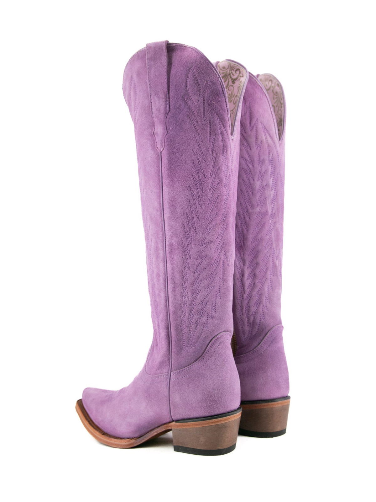 Faux Suede Snip-Toe Half-Zip Embroidery Knee High Tall Cowgirl Boots - Purple