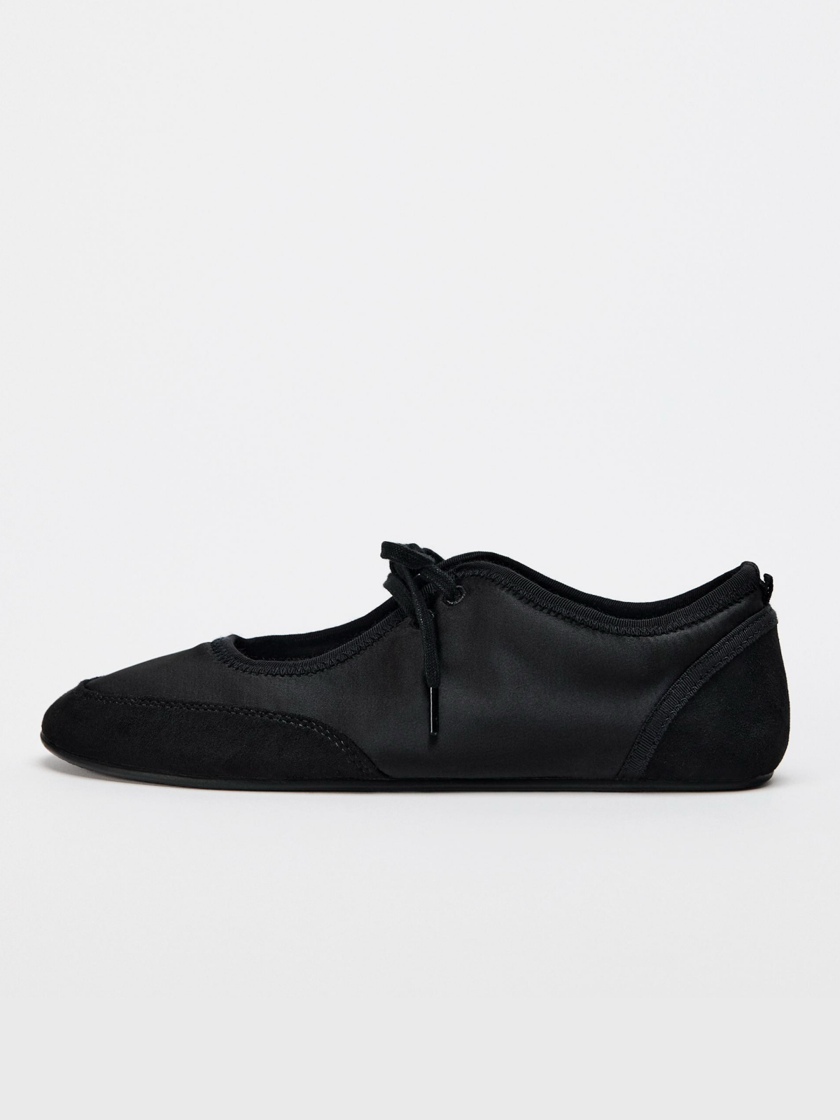 Black Contrast Faux Suede And Cloth Round-Toe Lace-Up Ballet Flats